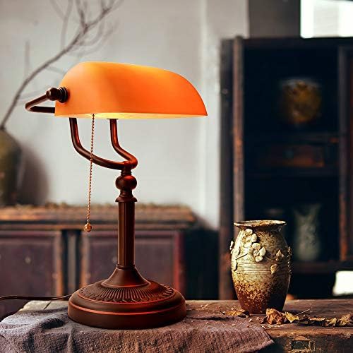 Matted orange glass bankers lamp with pull chain — photo 3