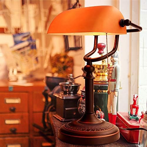 Matted orange glass bankers lamp with pull chain — photo 4