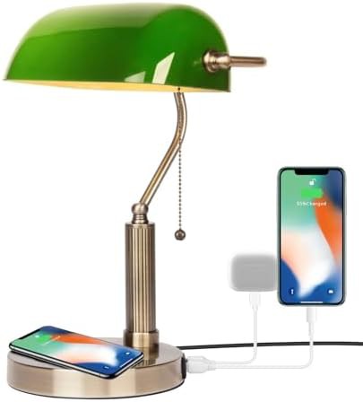 Green Glass Bankers Lamp with Wireless Charger