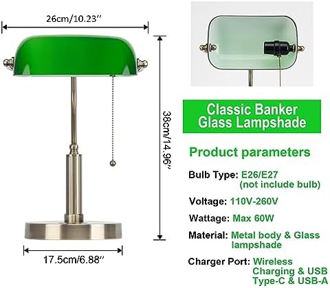 Green Glass Bankers Lamp with Wireless Charger — photo 3