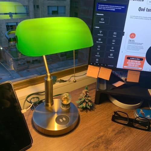 Green Glass Bankers Lamp with Wireless Charger — photo 5