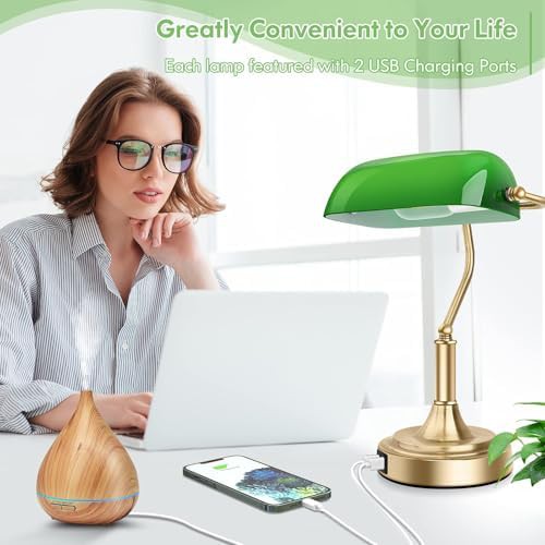 Green Glass Bankers Lamp with Brass Base — photo 3