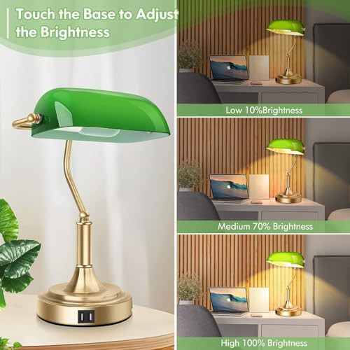 Green Glass Bankers Lamp with Brass Base — photo 4