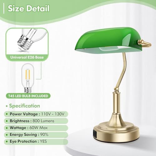 Green Glass Bankers Lamp with Brass Base — photo 5