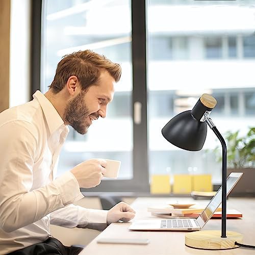 Black Swing Arm Lamp with Wood Base — photo 4