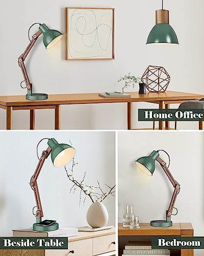 Vintage Green Swing Arm Wood Desk Lamp — photo 3