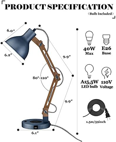 Modern Blue Swing Arm Wood Desk Lamp — photo 5