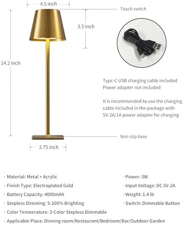 Gold rechargeable cordless LED lamp pair — photo 5
