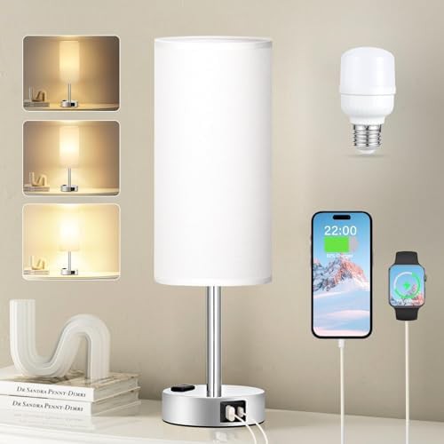 White Bedside Lamp with Touch Control and USB