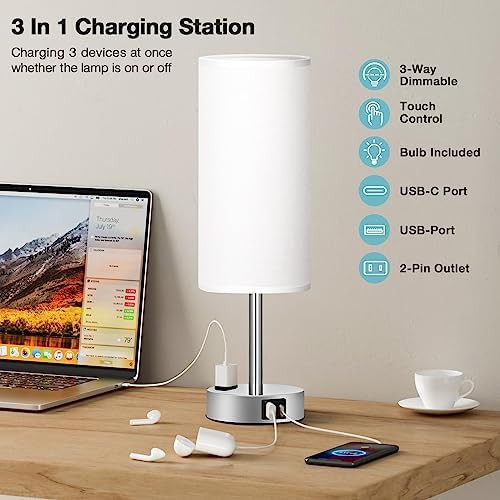 White Bedside Lamp with Touch Control and USB — photo 3