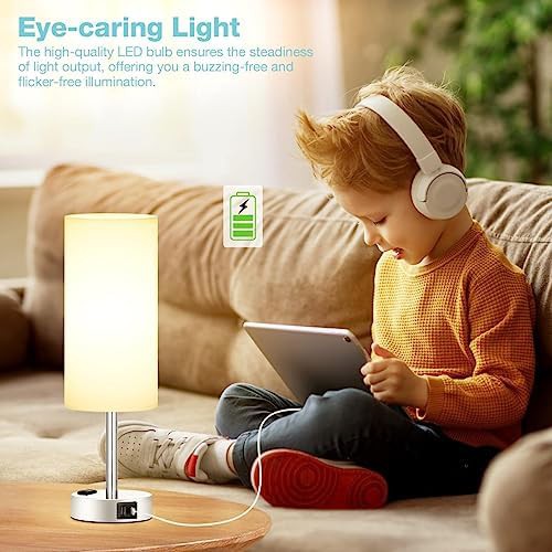 White Bedside Lamp with Touch Control and USB — photo 4