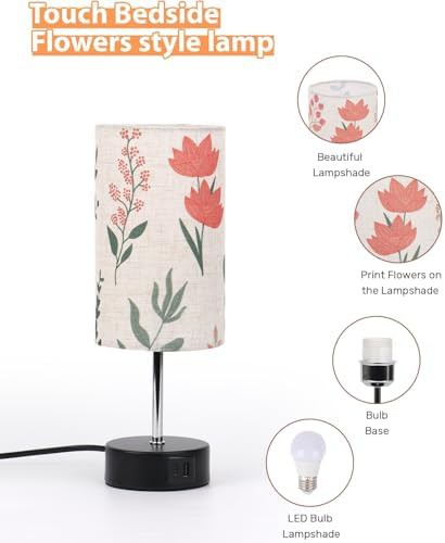 Bedside table lamp with round flower fabric shade — photo 5