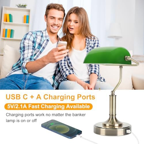 Green glass bankers lamp with USB ports — photo 4