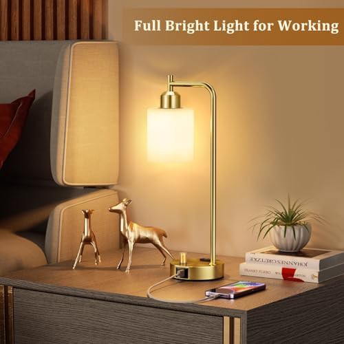Gold industrial bedside lamp with opal glass shade — photo 5