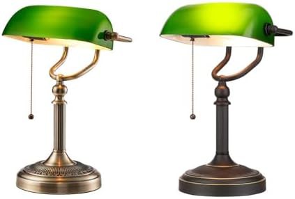 Green and Antique Glass Bankers Lamp Pair