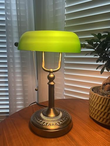 Green and Antique Glass Bankers Lamp Pair — photo 3