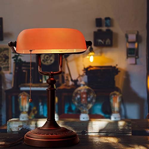 Matted orange and white glass bankers lamp set — photo 3