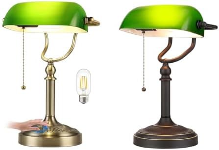 Dimmable Green and Antique Bankers Lamps