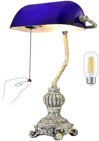 Retro blue glass bankers lamp with LED