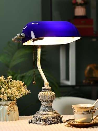 Retro blue glass bankers lamp with LED — photo 3