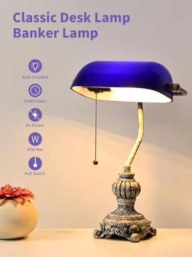 Retro blue glass bankers lamp with LED — photo 4