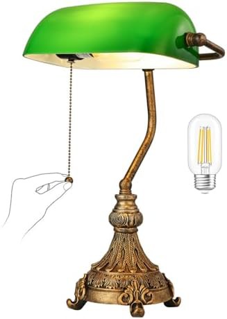Vintage green glass bankers lamp with LED