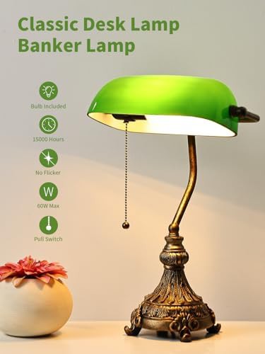 Vintage green glass bankers lamp with LED — photo 4