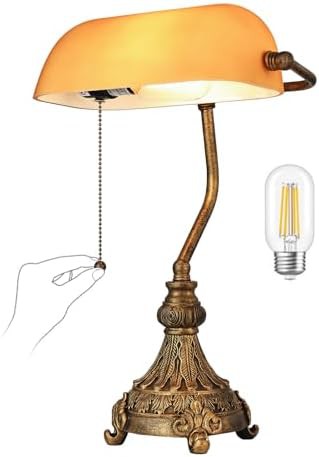 Vintage amber glass bankers lamp with LED