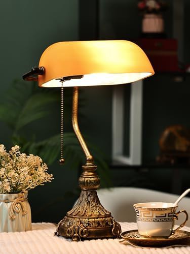 Vintage amber glass bankers lamp with LED — photo 3