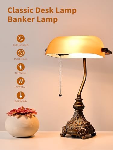 Vintage amber glass bankers lamp with LED — photo 4