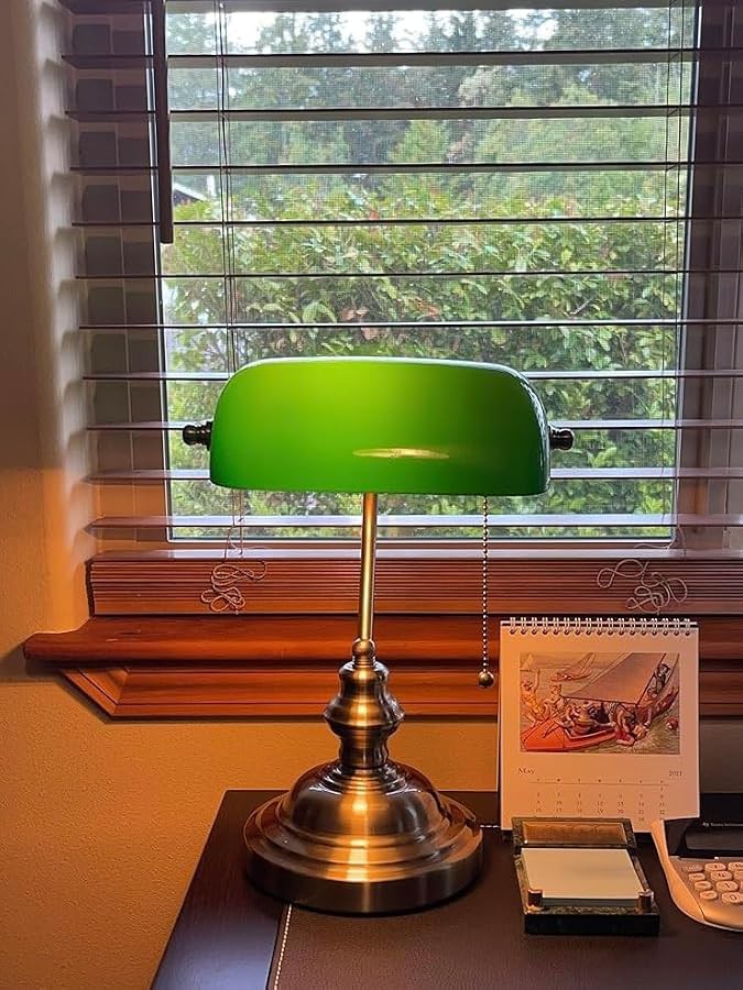 Green Glass Bankers Lamp with Brass Base — photo 3