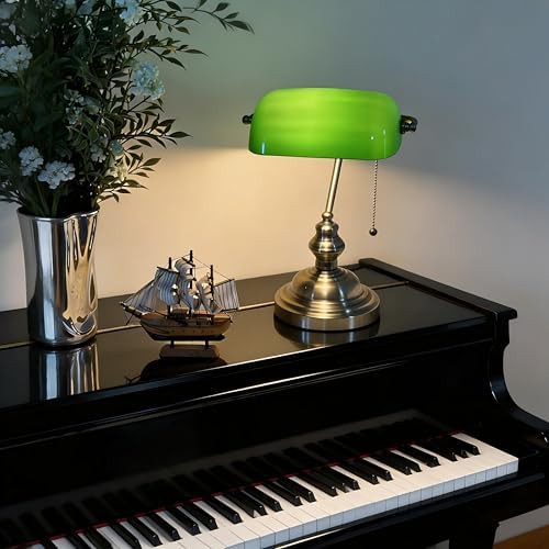 Green Glass Bankers Lamp with Brass Base — photo 4