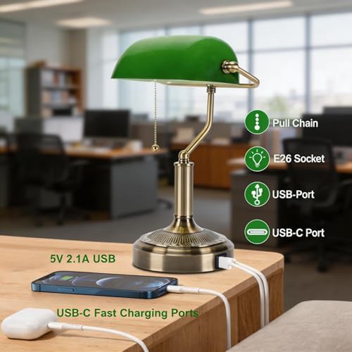 Vintage Bankers Lamp with USB Ports — photo 3