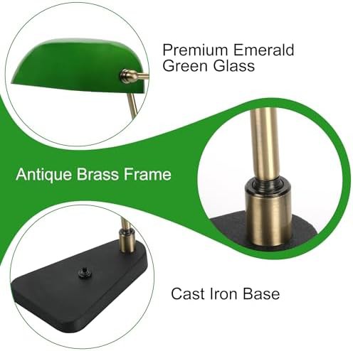 Green Glass Bankers Lamp with Brass — photo 4