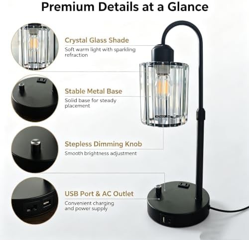 Black Crystal Table Lamp with Adjustable Height — photo 3